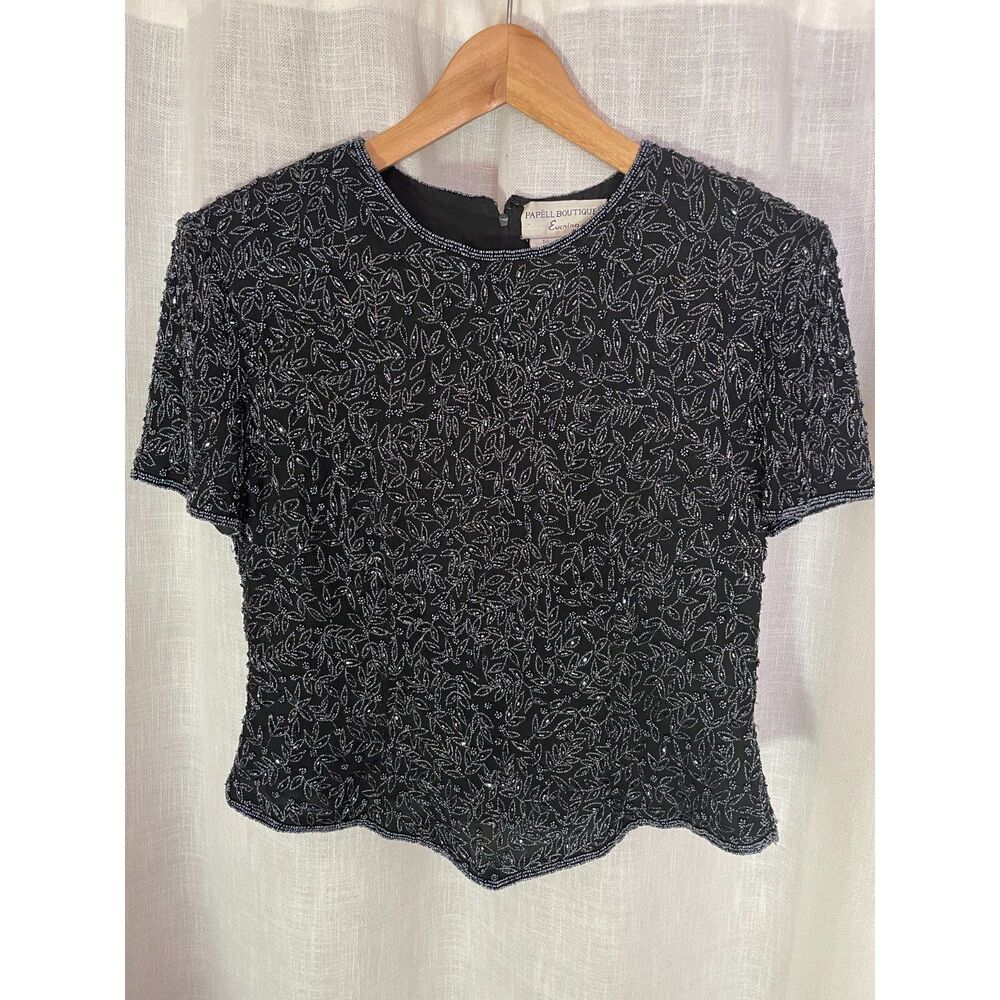 Vintage Papell Boutique Evening Beaded Top Black and Silvery Floral Beads Large‎
